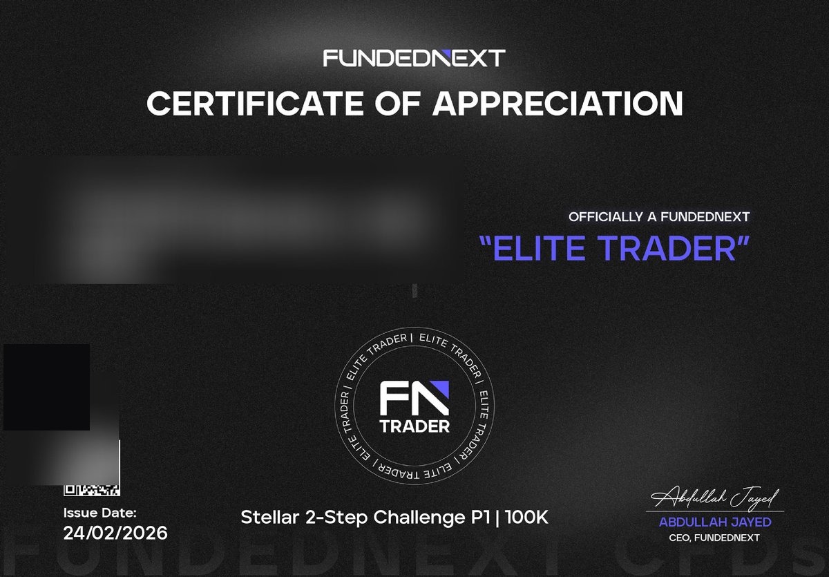 FundedNext evaluation certificate